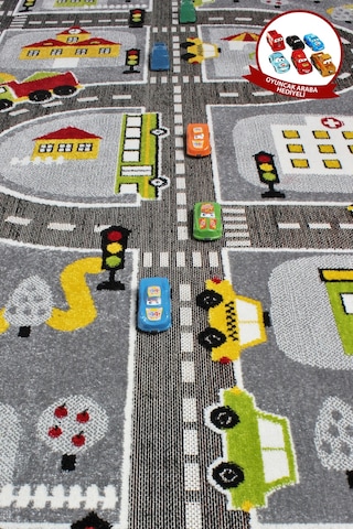 Konfor Halı 3 Boyutlu Gri Trafik Arabalı Ana Okulu Kreş Halısı Dokuma Çocuk Oyun Halısı