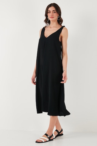 Lela Oversize Fit V Yaka Midi Boy Basic Bayan Elbise 6788688 Siyah