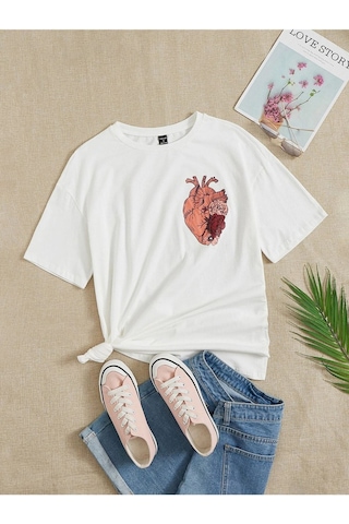 Kadın Beyaz Oversize Kalp Baskılı Örme T-shirt Beyaz-58442