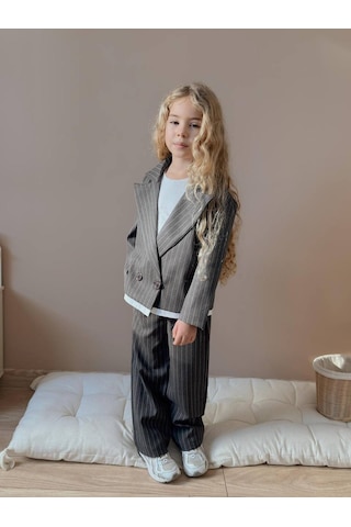 Miniko Kids Kız Çocuk Poliviskon Çizgili Blazer Ceket Pantolon Dokuma Kumaş Takım Füme