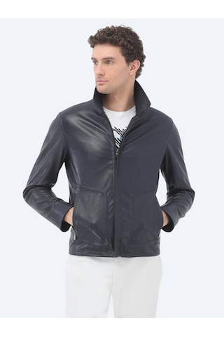 Kip Lacivert Regular Fit Bebe Yaka Smart Casual Koyun Derisi Deri Mont