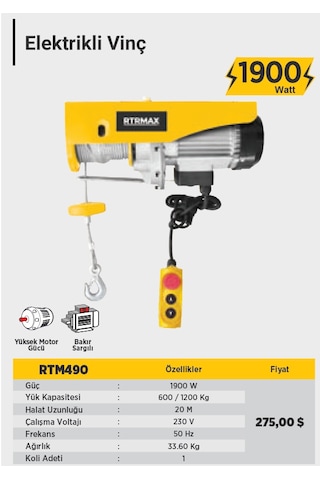 Rtrmax RTM490 600/1200 kg 1900 W Bakır Sargı Elektrikli Vinç
