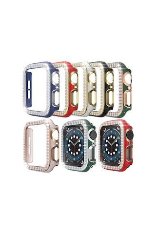 Apple Uyumlu  Watch 7 Serisi 45 MM Çift Sıra Parlak Taşlı Rubber Kasa Kapa