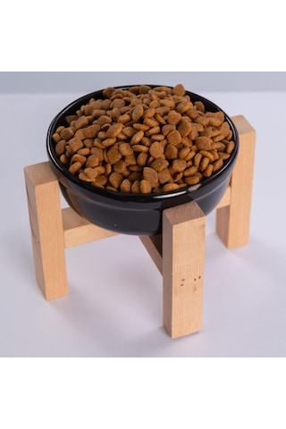 Siyah Ahşap Standlı Seramik Mama/ Su Kabı Kedi Köpek Mama Su Kabı