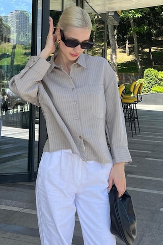 Madmext Gri Çizgili Oversize Kadın Gömlek Mg2093-gri Gri