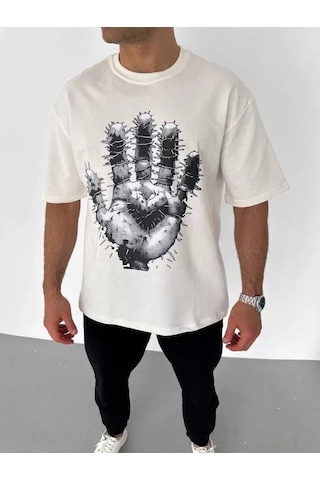 Modi Unisex Bisiklet Yaka Baskılı Oversize T-shirt - Beyaz - Mymg106725