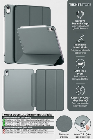 Ipad Air 13" M4 M3 M2 Uyumlu Kılıf Ultra İnce Akıllı Uyku Modlu Standlı Zarif Koruyucu Kapak Kapaklı Kılıf