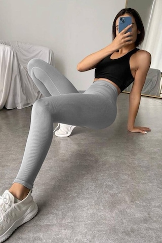 Madmext Boyalı Gri Yüksek Bel Kadın Fitilli Tayt Mg1625 Boyalı Gri