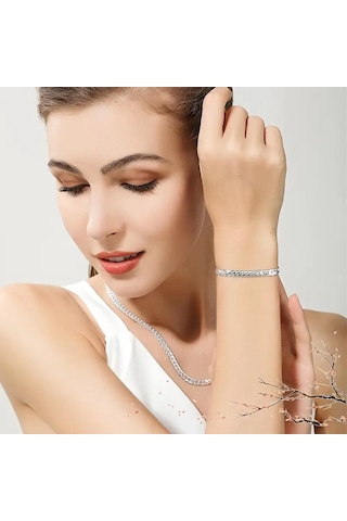 Gümüş İtalyan Ezme Yassı Yılan Çelik Unisex Set Tak... Silver