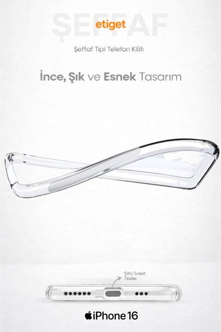 Apple Uyumlu iPhone 16 Şeffaf Silikon Kılıf Şarj Yeri Tıpalı, Kaymaz Kenarlı Şeffaf