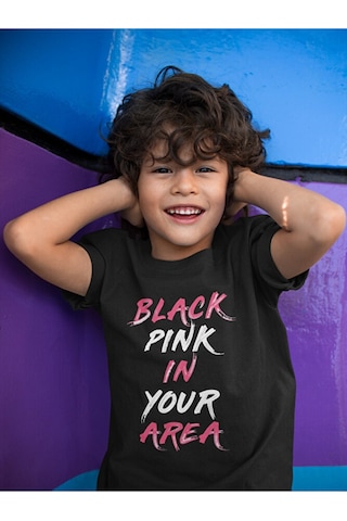 Sevbano Unisex Black Pink In Your Area Yazılı Müzik Grubu Çocuk Tişört 1 Siyah