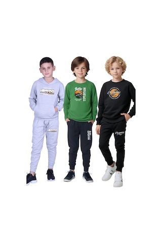 3 Lü Erkek Çocuk Baskılı Kanguru Cepli Kapüşonlu/sıfır Yaka Eşofman Takımı Çok Renkli