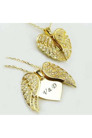 Isme Özel Gümüş Kalbimdeki Sır Melek Kanadı Altın Sarısı Kolye