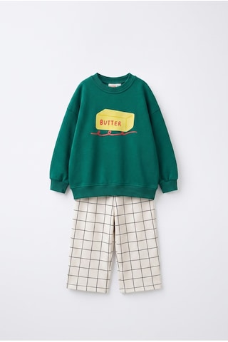 Magu Çocuk Butter Baskılı Yeşil Sweatshirt Ve Ekru Kareli Eşofman Takım Çok Renkli