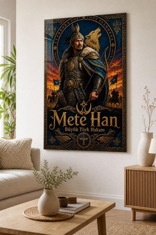 Mete Han Desenli Baskılı Cam Tablo Türk Hakanı Uv Baskı Duvar Dekoru