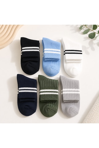 Ciho Socks Daily 6 Çift Çocuk %100 Pamuk Çizgili Tenis Okul Kolej Çorabı KARIŞIK