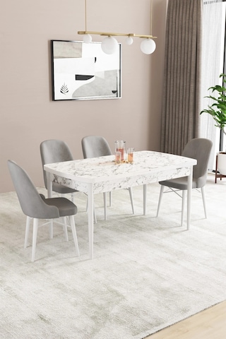 Familieconcept Almira Serisi, Beyaz Mermer Desen 80x132 Açılabilir Mdf Mutfak Masası Takımı 4 Adet Sandalye Gri