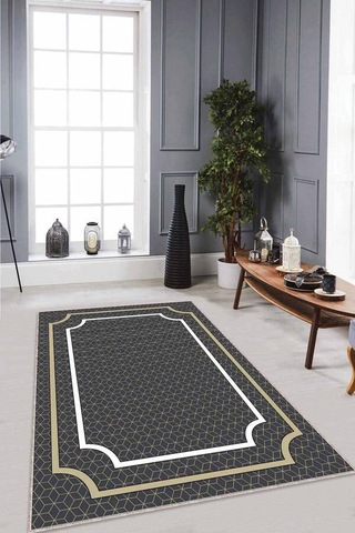 Antrasit Çerçeveli Kaymaz Tabanlı Dekoratif Halı Rv063n11