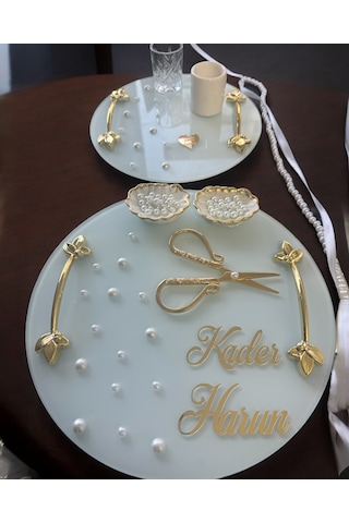 Beloved Gold Beyaz İncili Söz Tepsisi Nişan Tepsisi Ve Damat Kahve Fincan Tepsi Seti Krem Krem