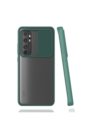 Noktaks - Xiaomi Uyumlu Xiaomi Mi Note 10 Lite - Kılıf Slayt Sürgülü Arkası Buzlu Lensi Kapak - Koyu Yeşil