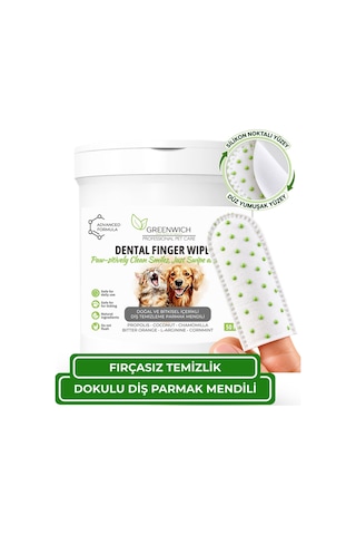 Greenwich Vegan Bitkisel İçerikli Kedi Köpek Diş Temizleme Islak Hijyenik Parmak Mendil 50 Adet