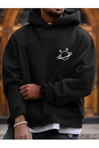 Yıldızlı Satürn Sweatshirt - Siyah Baskılı Oversize Kapüşonlu Siyah