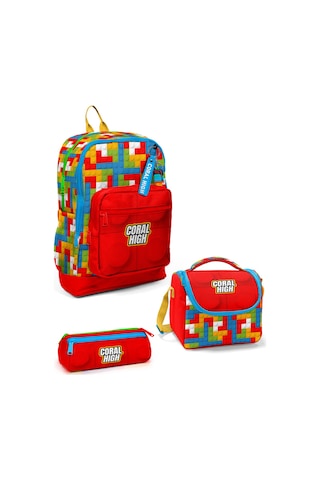 Coral High Kids Renkli Blok Desenli 3 Lü Okul Çanta Seti Set0123775 Kırmızı