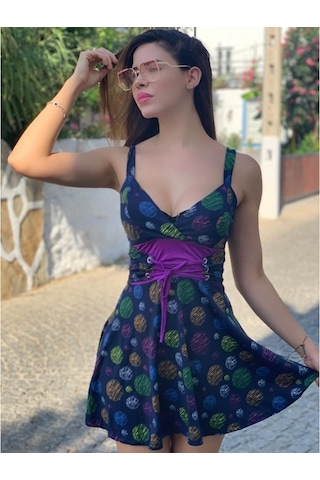 Kadın Kloş Beli Kuşgözü Kemer Detaylı Elbise Mor