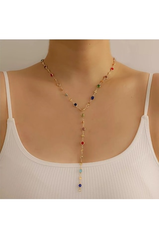 Ervanur Altın Kaplama Renkli Taşlı Y Model Kadın Kolye Altın
