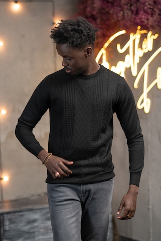 Regular Fit Yünlü Kendinden Desenli Bisiklet Yaka Triko Kazak Siyah