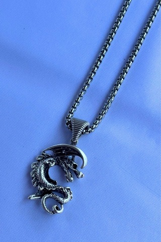 Ejderhalı El İşçiliği Paslanmaz Çelik Zincir Erkek Kolye Gümüş