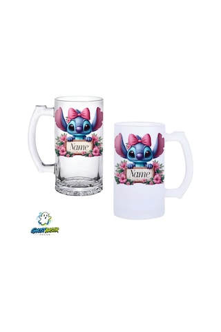 Kişiye Özel Stitch Kulplu Bira Bardağı Buzlu Veya Şeffaf Seçenekli 0319