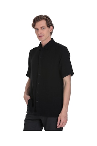 Hatemoğlu Siyah Comfort Fit Düğmeli Yaka 100% Pamuk Kısa Kollu Casual Gömlek Siyah