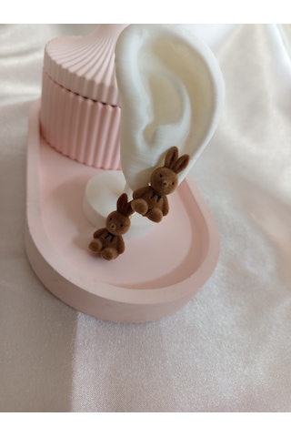Koyu Kahverengi Peluş Tavşanlı Küpe