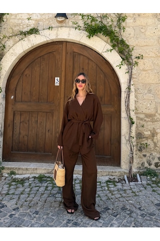 Laluvia Kahverengi Tek Düğmeli Kuşaklı Kimono Takım - 007