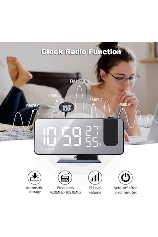 Projeksiyonlu Dijital Masa Saati Led Alarm Fm Radyo Sıcaklık Duvara Tavana Yansıtan Saat Siyah