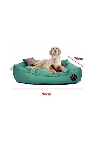 Büyük Boy Köpek Yatağı, Yeşil Renk, Pati Desenli, Yastıklı Konforlu Yatak, 90x70 Cm