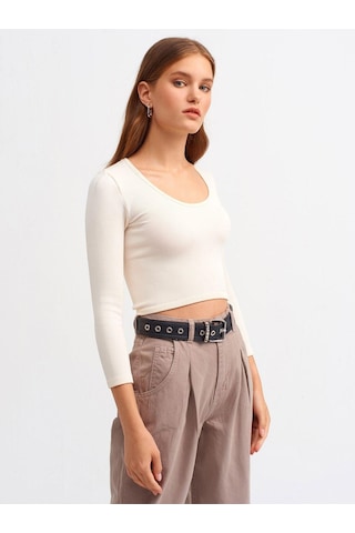 Dilvin 3529 Havuz Yaka Uzun Kollu Crop Top-natural-242 Natural