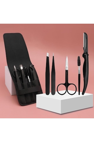 Valkyrie Deri Çantalı Kaş Usturalı Cımbız Seti Siyah 5'li