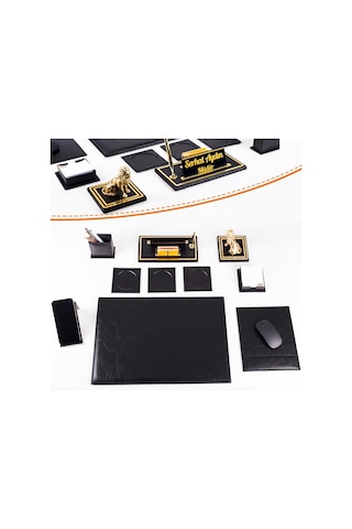 Opta 10 Parça Aslan Biblolu Siyah Deri Sümen Seti Takımı Gold Kalem Ofis Masa İsimliği Lüks İsimlik