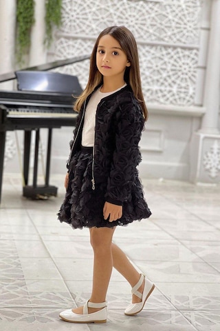 Miniğimin Cicileri Gül Desen Ceketli Taşlı Kız Çocuk 3 Lü Takım - Siyah