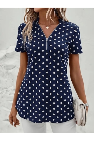 Modasize Kadın Kısa Kollu Yakadan Fermuarlı Puantiyeli Uzun Dokuma Viskon Bluz Lacivert