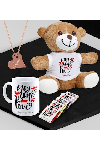 Kişiye Özel Sevgili Peluş Ayı Kupa Madlen Çikolata Ve Rose Kalp Kolye Set - 79