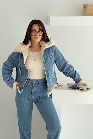 Kadın Kürk Astarlı Denim Ceket Sıcak & Sokak Stili Mavi