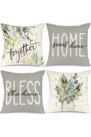 Folinda Köy Stili Ahşap Desenli 4'lü Yastık Kılıfı - 45x45cm Gri Ve Krem Renkli, Örtülü Fermuar, Poliester Kumaş, Ev Dekorasyonu Haki - Gri