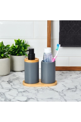 Bambu Standlı Seramik İkili Banyo Seti Gri