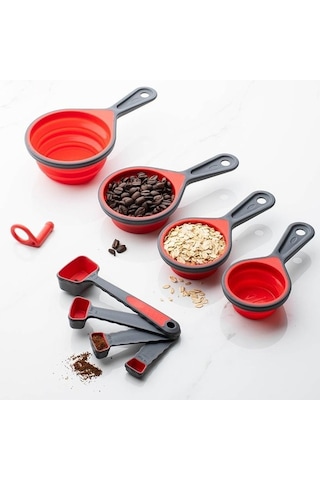 Pazly Çok Renkli Silikon Ölçüm Kabı Ve Kaşık Seti, Katlanabilir Mutfak Aracı, 8 Adet, Yeşil/kırmızı/sarı/mor Çok Renkli