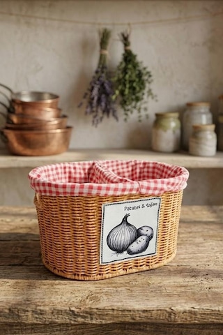 Atbyhome Oval Rattan Hasır Patates Soğan Çift Bölmeli Sepet Düzenleyici Organizer Kahverengi