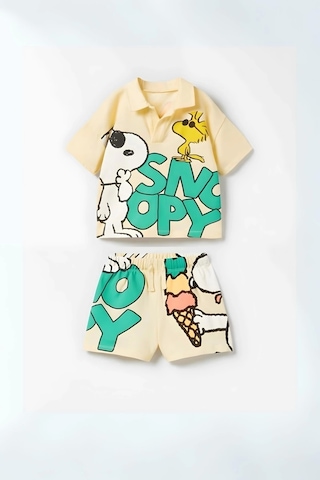 Unisex Bebek & Çocuk Snoopy Baskılı Pamuklu Polo Yaka T-Shirt Ve Şort Alt Üst Takım Bej
