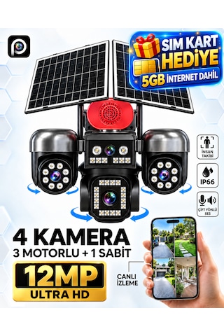 Ventus Sv459ıp 12mp 4 Kameralı 3 Motorlu +1 Sabit Sirenli Çift Solar Panel 20800mah Batarya